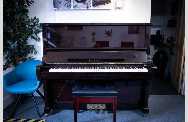 Used Apollo Polished Dark Wine Mahogany SR650 Upright Piano - All Inclusive Premium Package (SN:141448) - Image 1